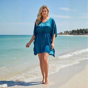 Womens Satin Tunic Tops with Drawstring Silky Soft Sateen Dress Beach Cover up